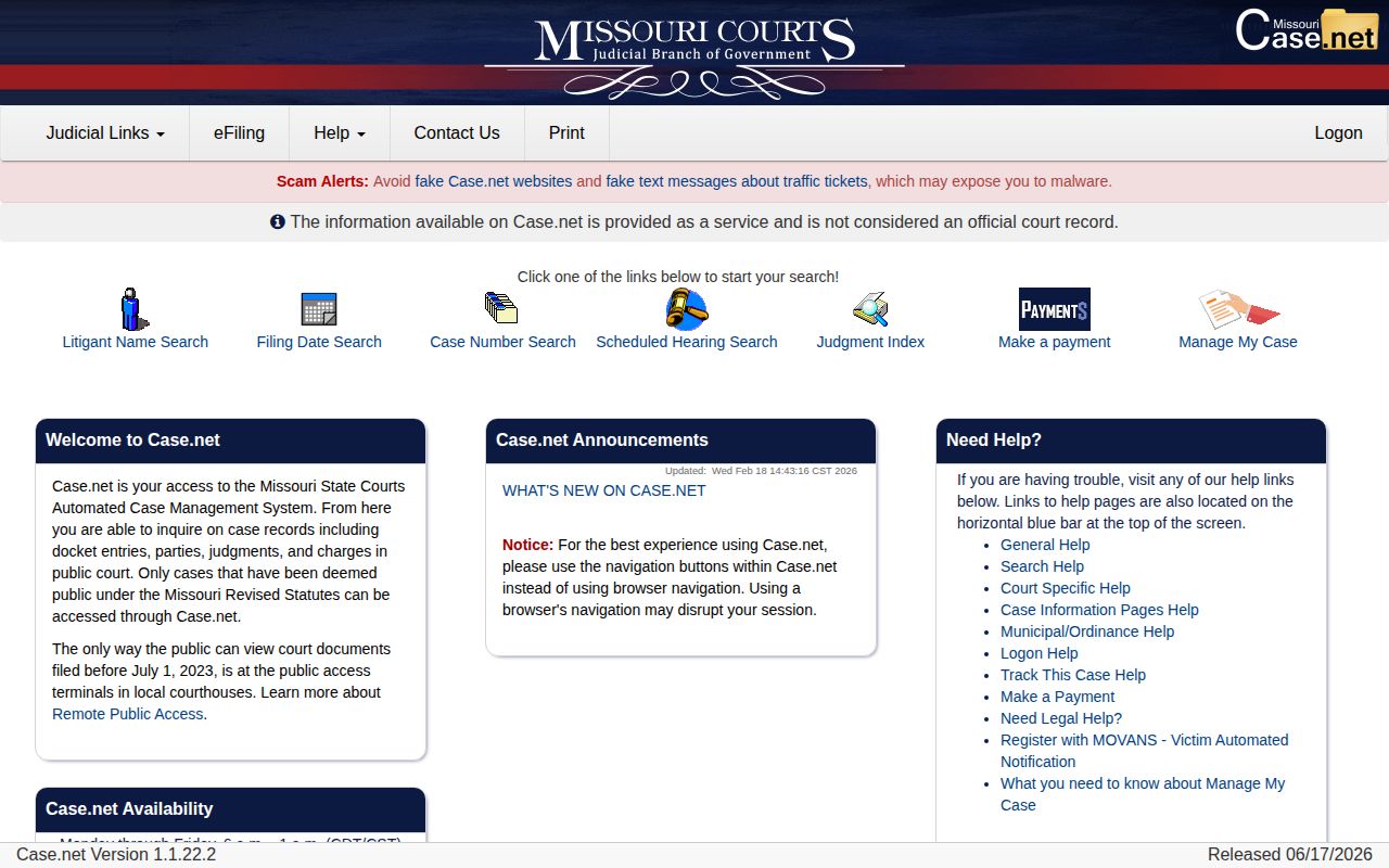 Missouri Case.net search for Clay County release court records