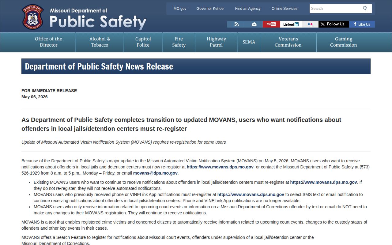 Missouri DPS MOVANS transition notice explaining separate local jail and MODOC registration routes