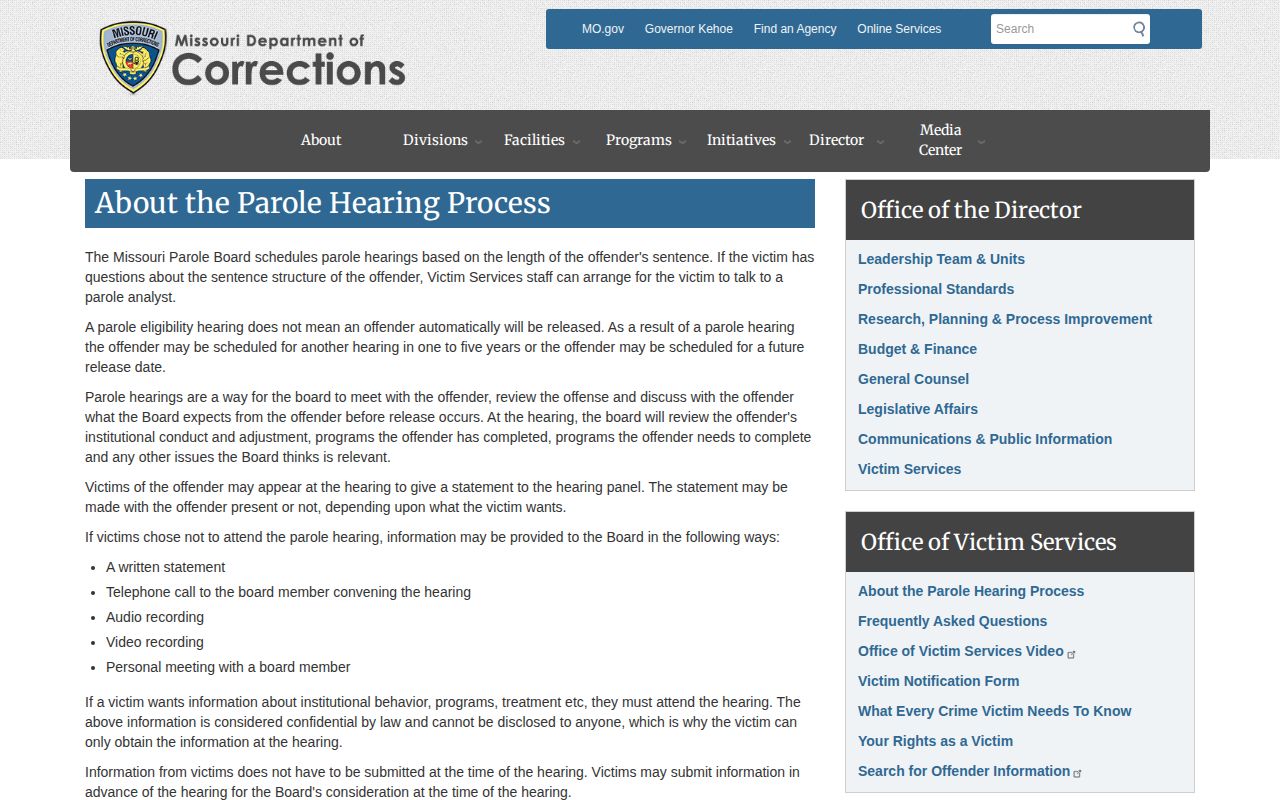 Missouri Department of Corrections parole hearing process and decision timing page