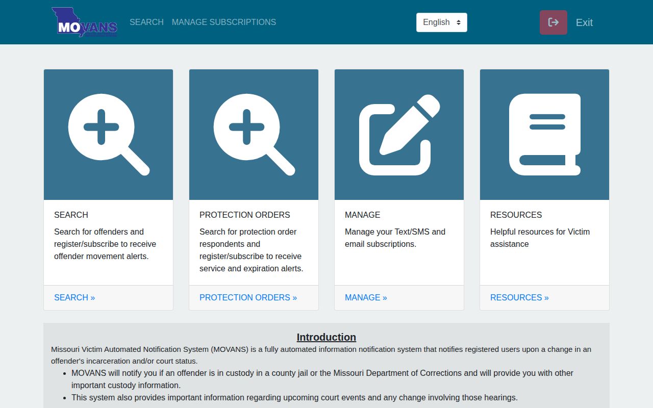 Missouri MOVANS portal landing and search page for custody and court notifications