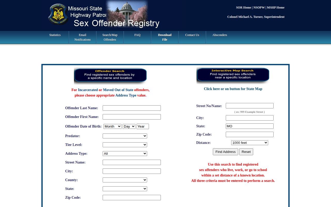 Missouri official registry search fields for qualifying Clay County released inmate photos